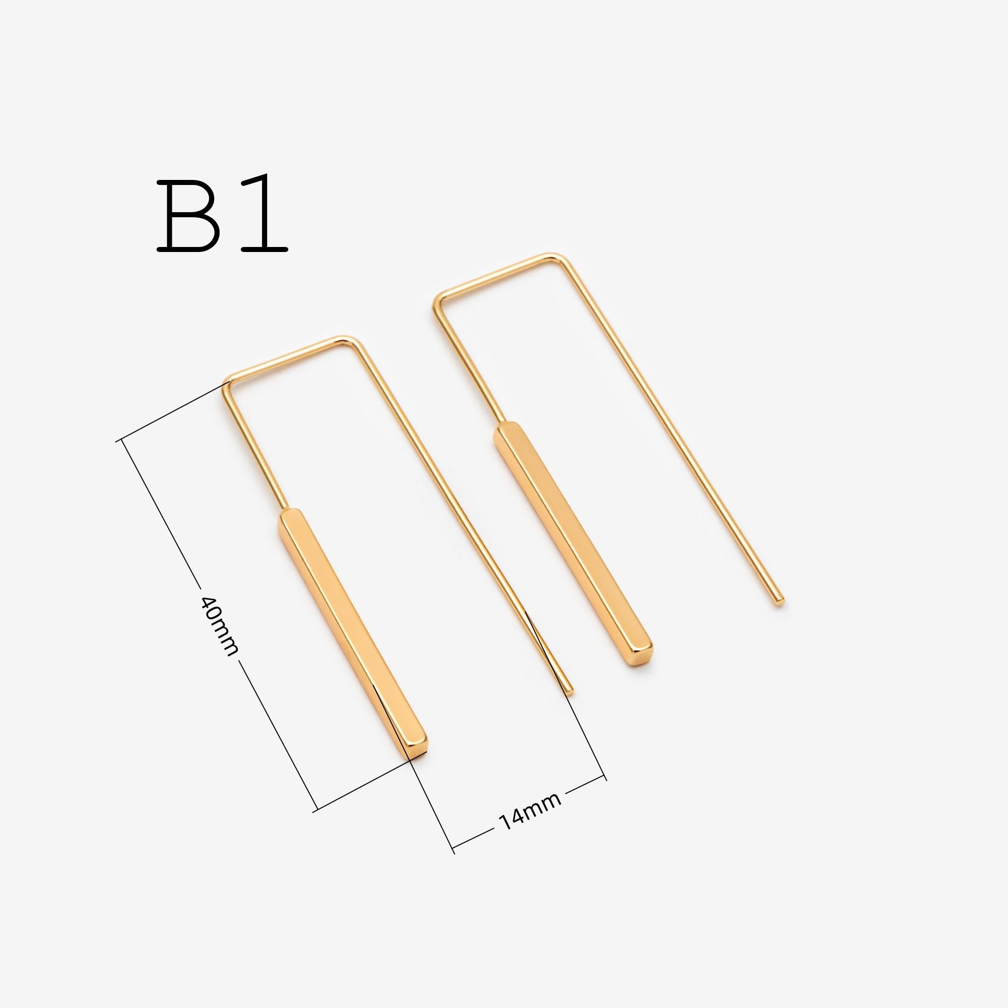 Gold/ Silver Tone Cube Ear Hooks 34x10mm, Gold/ Rhodium plated Brass Square Bar Earwires, Minimalist Earring Components (GB-2732)